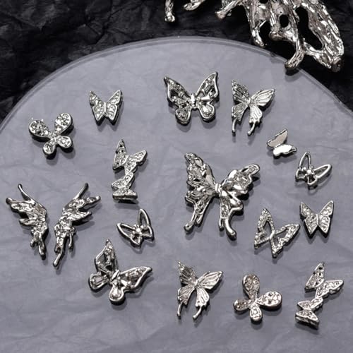 60Pcs 3D Butterfly Nail Charms Silver Rhinestone Alloy Manicure Decor