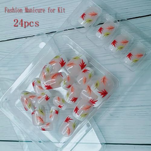 Fall Press On Nails Short Square Maple Leaf Glossy False Nails
