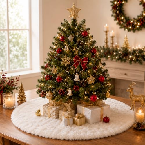 YEAHOME White Faux Fur Christmas Tree Skirt 24 Inch Holiday Decor