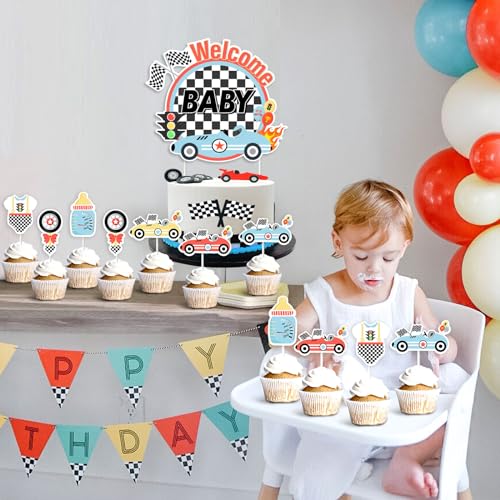 Vintage Race Car Baby Shower Cake Topper Set - 1 Cake Topper & 24 Cupcake Toppers