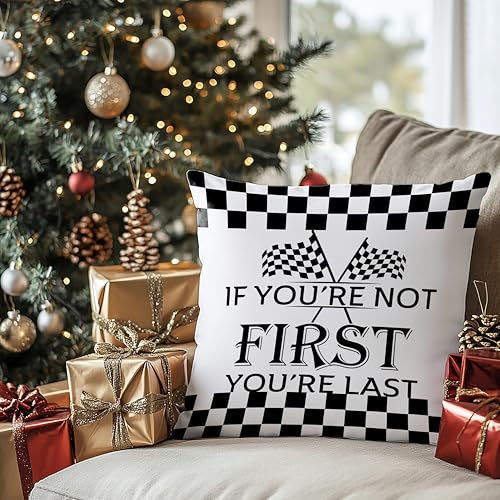 Motivational Race Car Pillow Cover 18x18 - Boys Room Decor, Checkered Inspirational Throw Pillow Cover - Colour-Inspirational Design