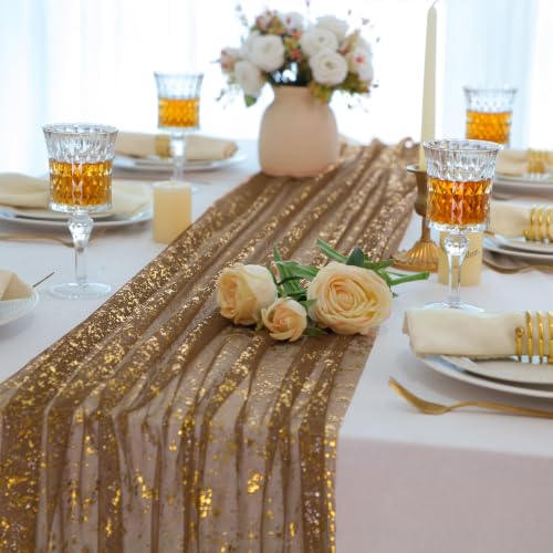 Snowkingdom 3-Piece 10Ft Gold Gauze Sheer Table Runner - Coffee Gold