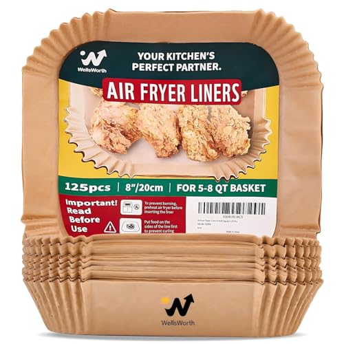 Wellsworth 8-Inch Square Air Fryer Parchment Paper Liners, 125 Pack