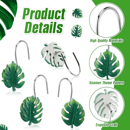 Tropical Leaf Shower Curtain Hooks - 12 Pcs Hawaiian Style Green
