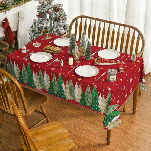 Christmas Tablecloth 60 x 120 Inch Rectangular with Christmas Trees - Red Variation