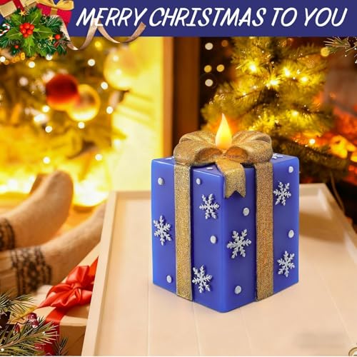 Blue Flameless Gift Box Candle with Remote Timer - Hand-Painted Christmas Decor