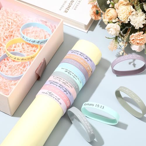 Ecation 24 Pcs Macaron Color Bible Verse Silicone Bracelets