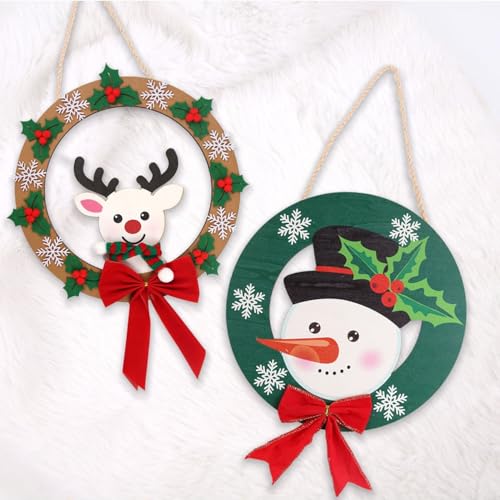Christmas Door Hang - 2 Wooden Holiday Welcome Sign with Snowman Decor