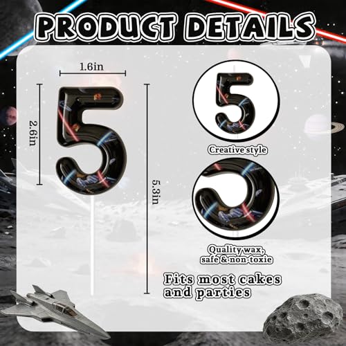 Space Themed Number 5 Birthday Candle - Black Wax Cake Topper