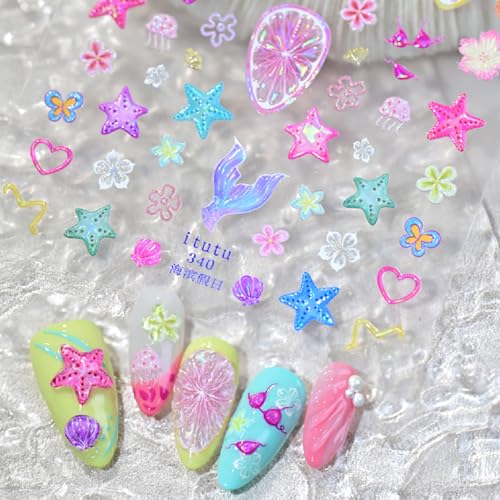 Quezadyl 5D Embossed Starfish & Flower Nail Stickers - 2 Sheets Summer Ocean Decals