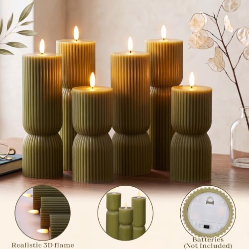 Flameless Candles Set - Real Wax Olive Green Hourglass with Variation Hourglass Ribbed