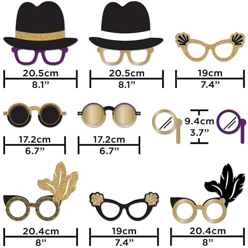 Roaring 20s Photo Booth Props - Black & Gold Party Glasses, 10 Pack