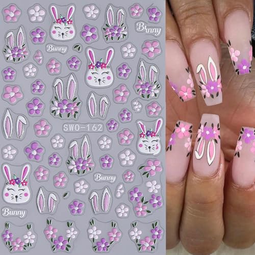 Easter Nail Art Stickers 4 Sheets - 5D Embossed Bunny & Flower Decals