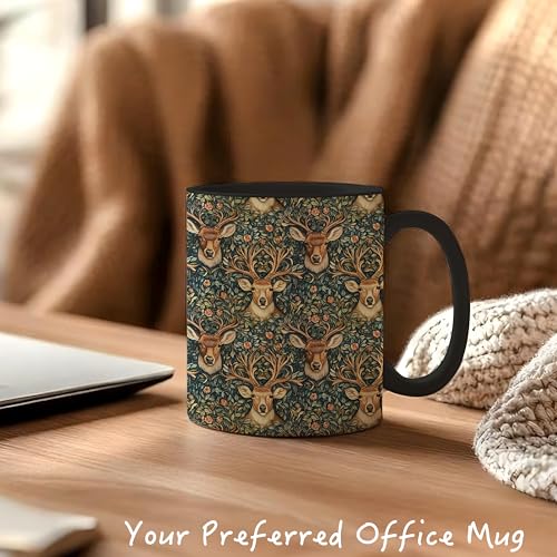 Reindeer Floral Mug - Deer Hunter Gifts, 11oz Ceramic Coffee Tea Cup - Dark Botanical Animal Design