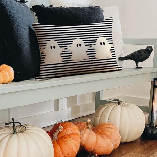 Halloween Ghost Pillow Cover 12x20 - Black Stripe Decor