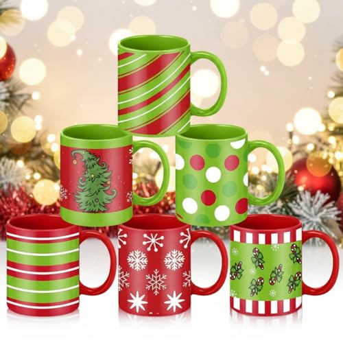 Christmas Coffee Mugs Set - 6 Pack 11 oz Lime Green & Red Holiday Drinkware