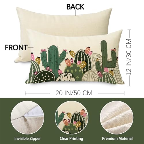 Boho Cactus Lumbar Throw Pillow Cover 12x20 | Cotton Linen
