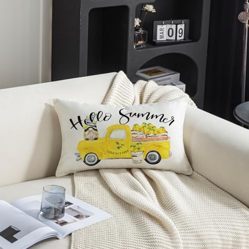12x20 Inch Summer Throw Pillow Cover - Yellow Truck & Gnome