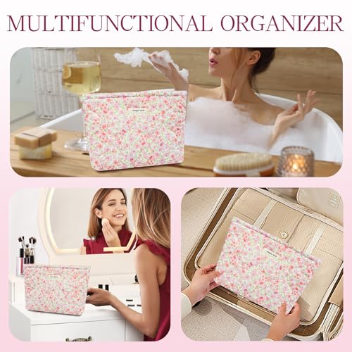 Quilted Cotton Makeup Bag Puffy Cosmetic Pouch Travel Toiletry Organizer