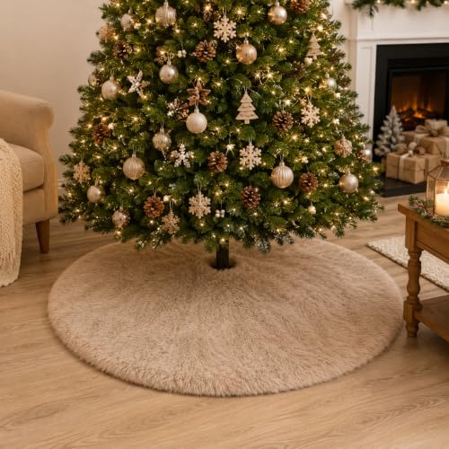 Brown Plush Christmas Tree Skirt - 30 Inch Faux Fur Holiday Decor