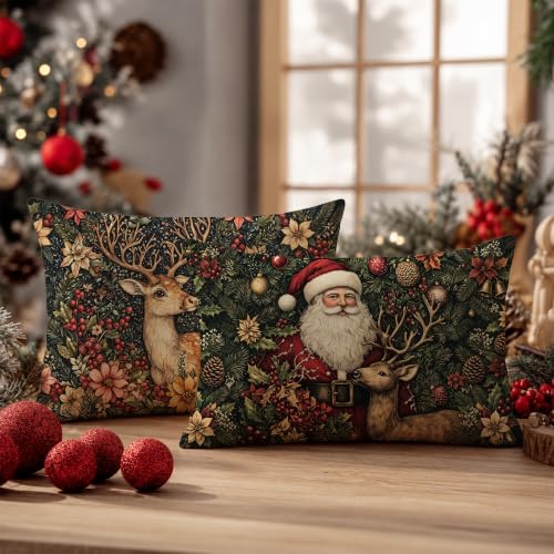 William Morris Style Christmas Santa Deer Pillow Cover 12x20 Set of 4 - Reindeer Holiday Decor