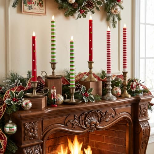 Christmas Flameless Taper Candles Set - Striped & Dots, 10.6 Inch, 6 Pack