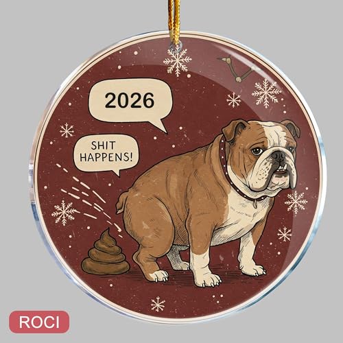 Funny Pooping Bulldog Christmas Ornament - 3.6 in Acrylic Gag Gift