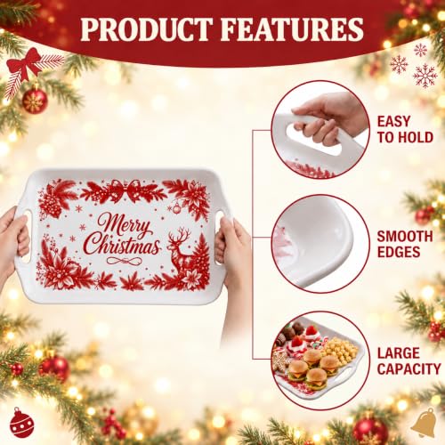 Christmas Melamine Serving Trays with Handles - 16 x 11.4 Inches Set of 2 - Festive Holiday Pattern