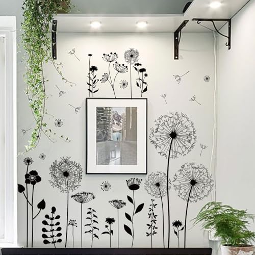 Black Dandelion Wall Decals - Large Floral Vinyl Stickers for Home