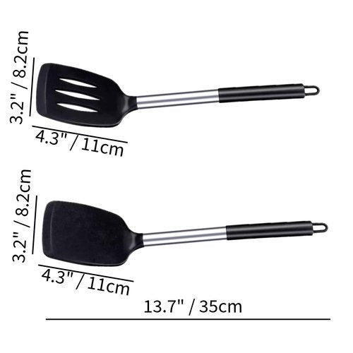 2 Pack Silicone Steel Sturdy Turner Spatula Set, Non-Stick Turner and Solid Spatula, High Heat Resistant BPA Free Cooking Kitchen Utensils - AR3T Collection - Black