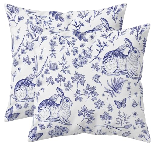 Easter Bunny Pillow Covers 20x20 Light Blue Floral Set of 2