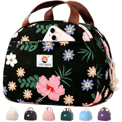 CaCTOUR Insulated Corduroy Lunch Bag - Small Flower Print Tote for Women