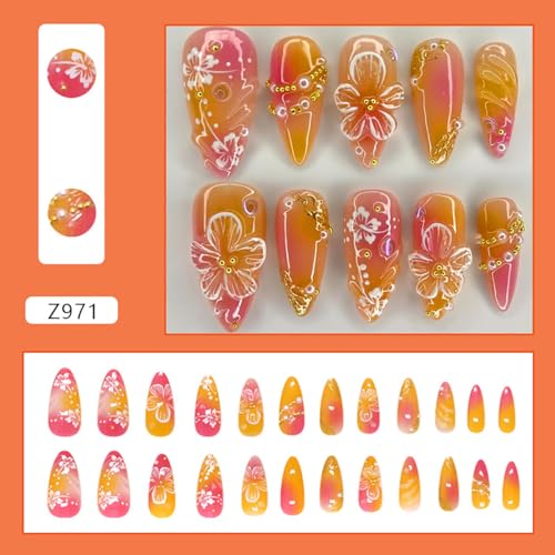 ZOAZJINAZ Long Almond Press on Nails Floral Gradient Fake Nails Kit