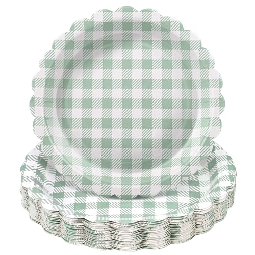 Sage Green Gingham Paper Plates, 30 Pack, 9 Inch, Scalloped