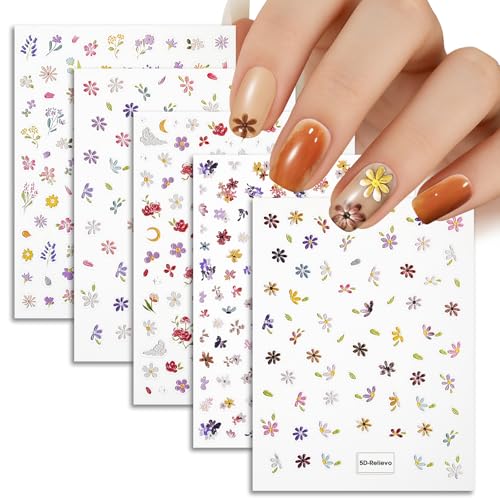 Bratrico 5D Embossed Flower Nail Stickers - Colorful Floral Petal DIY Set