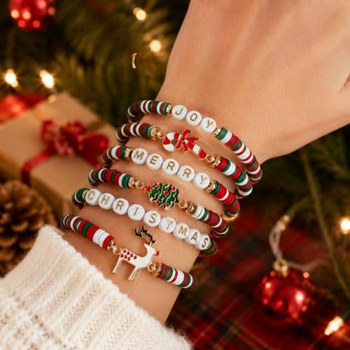 OHOME Red Green White Christmas Bracelets 6 Pack - Teens & Women Stocking Stuffers