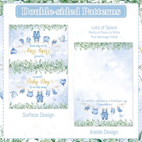 Blue Baby Shower Card for Boy with Envelope & Sticker - 5x7 Inch