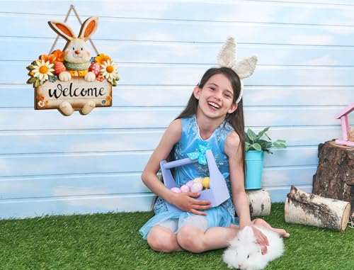 Rustic Easter Welcome Wreath Sign - 13" Wooden Door Decor