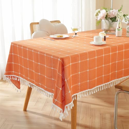 Rakila Rustic Checkered Cotton Linen Tablecloth - Orange 55x102 Inches, Waterproof, Tassel Decor for Kitchen & Dining, 10-12 Seats