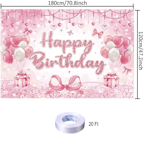Pink Heart Bow Happy Birthday Backdrop Banner 70.8 x 47.2 Inch