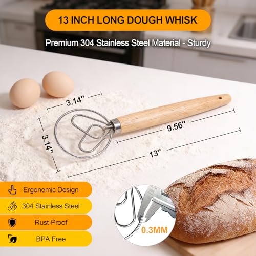 13 Inch Danish Dough Whisk - Stainless Steel with Wooden Handle