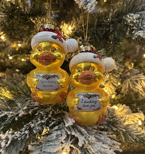 Funny Christmas Ornament - Glass Duck with Santa Hat & Witty Love Sign