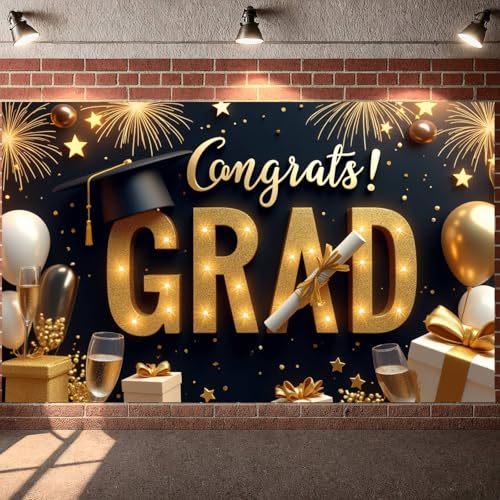 Congrats Grad Banner - Black Gold Graduation Party Decoration 2026