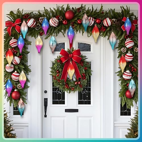 Colorful Neon Glass Christmas Ornaments Set - Mercury Glass Finials with Gradient Finish, 6 Pack