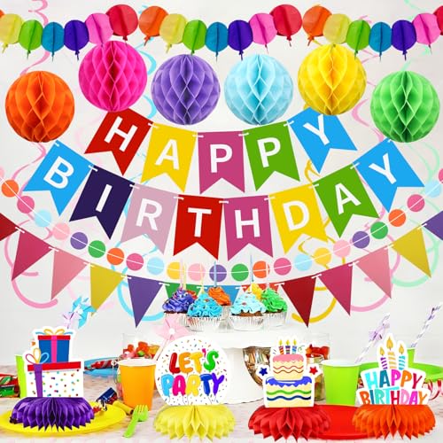 Recosis All-in-One Birthday Decoration Kit with Banner and Honeycomb Balls