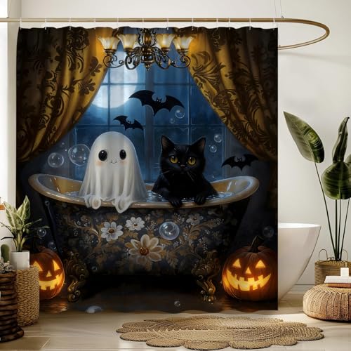 Spooky Halloween Shower Curtain 70" x 70" with Hooks - Ghosts, Cats, Pumpkins, and Bats