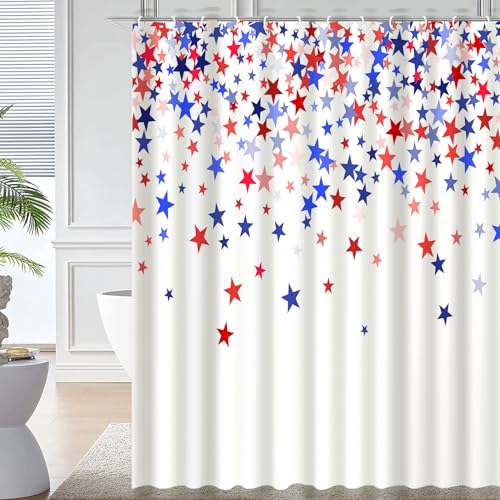 Patriotic 4th of July Shower Curtain 72x72 Inch - Red, White & Blue Stars