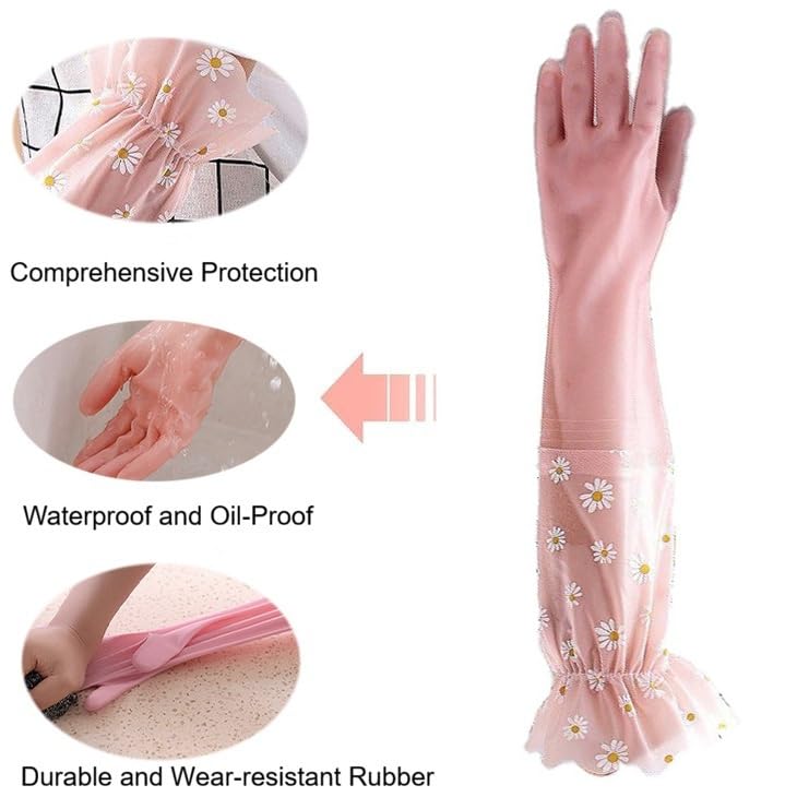 Waterproof Rubber Cleaning Gloves with Long Elastic Cuffs - Pink Lace