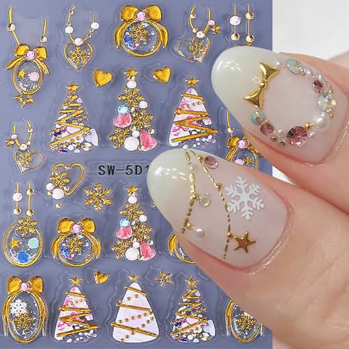 5D Christmas Nail Art Stickers Gold Holiday Tree Decals - 6 Sheets