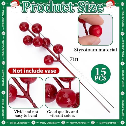 60 Pcs Artificial Christmas Pine Branches with Red Berries - Faux Holiday Decor